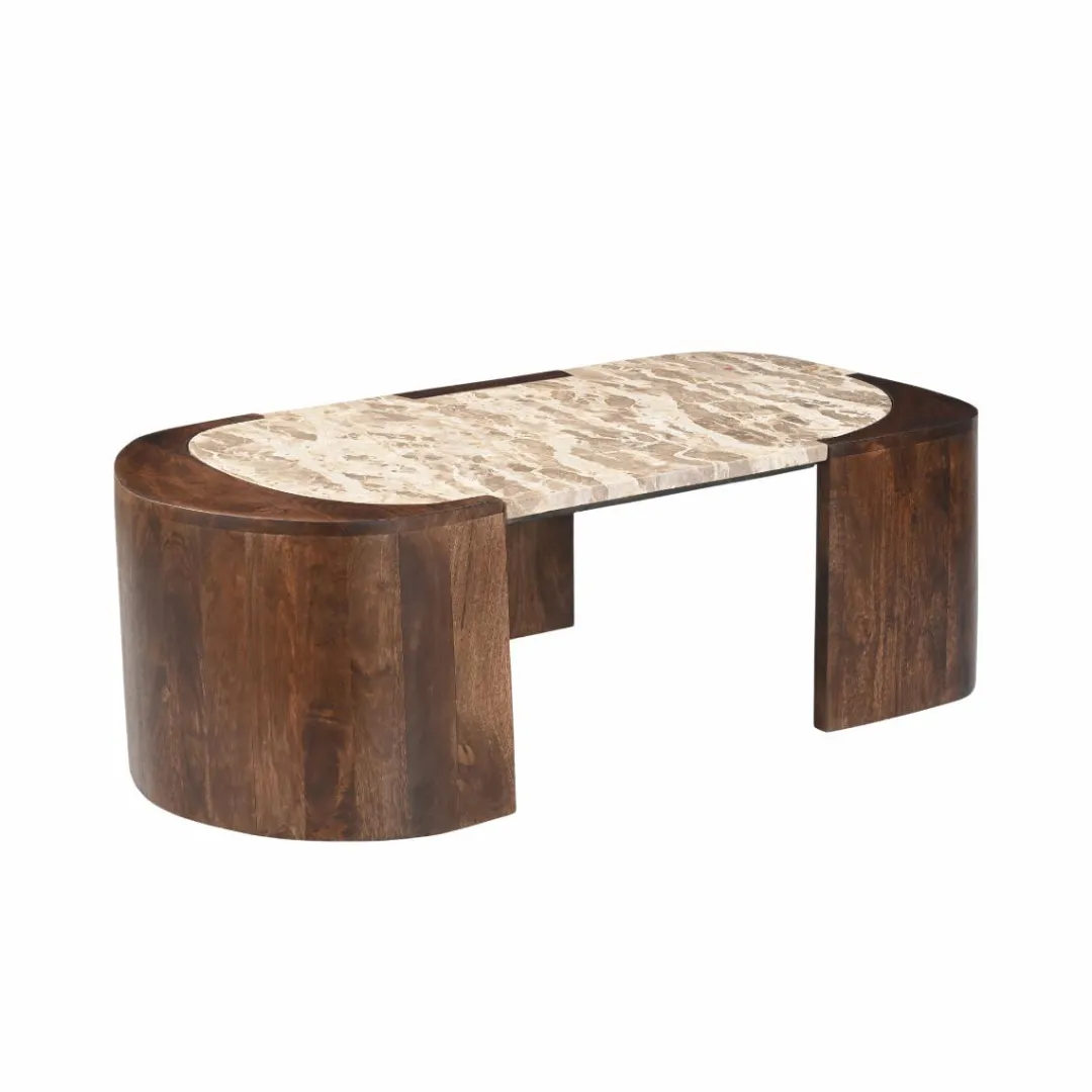 Table Basse<Made in Meubles Table basse ovale en bois de manguier et marbre Agnès