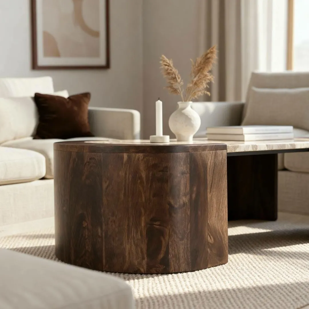 Table Basse<Made in Meubles Table basse ovale en bois de manguier et marbre Agnès