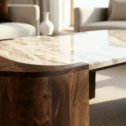 Table Basse<Made in Meubles Table basse ovale en bois de manguier et marbre Agnès