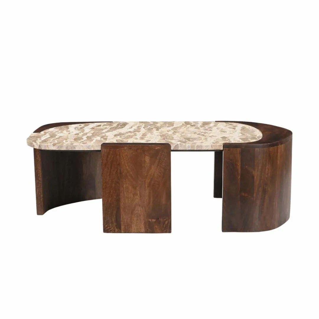 Table Basse<Made in Meubles Table basse ovale en bois de manguier et marbre Agnès