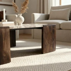 Table Basse<Made in Meubles Table basse ovale en bois de manguier et marbre Agnès