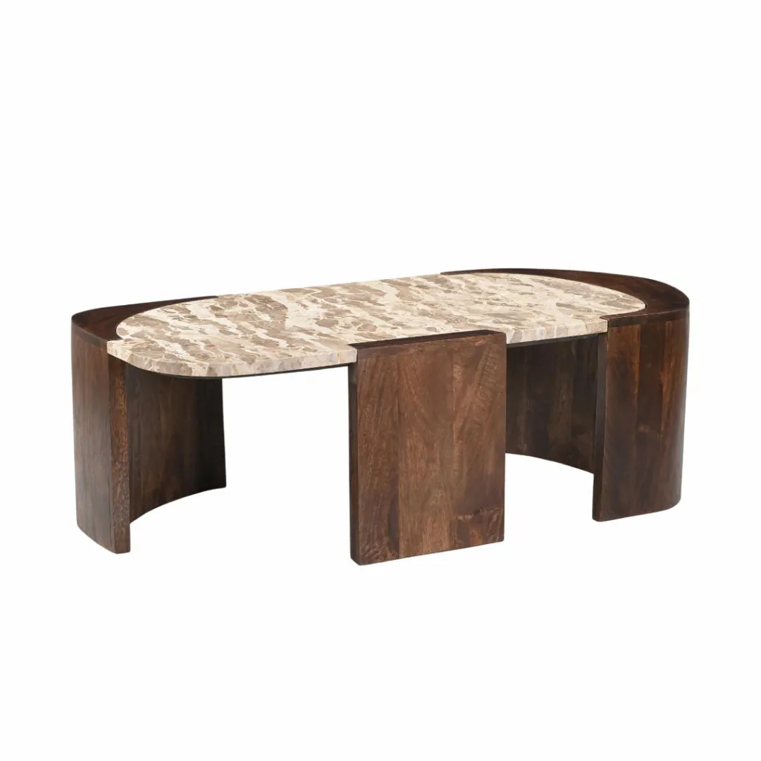 Table Basse<Made in Meubles Table basse ovale en bois de manguier et marbre Agnès