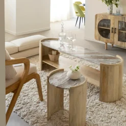 Table Basse|Meuble Tv<Made in Meubles Table basse ovale en bois de manguier et marbre Isabella