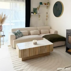 Table Basse<Made in Meubles Table basse rectangulaire en bois de manguier et marbre blanc Moana