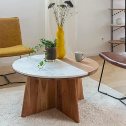 Table Basse<Made in Meubles Table basse ronde en bois d'acacia et marbre Homère