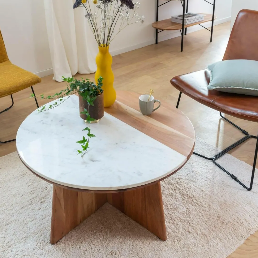 Table Basse<Made in Meubles Table basse ronde en bois d'acacia et marbre Homère