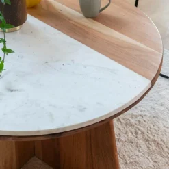 Table Basse<Made in Meubles Table basse ronde en bois d'acacia et marbre Homère