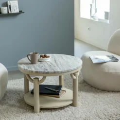 Table Basse<Made in Meubles Table basse ronde en bois de manguier et marbre Isabella