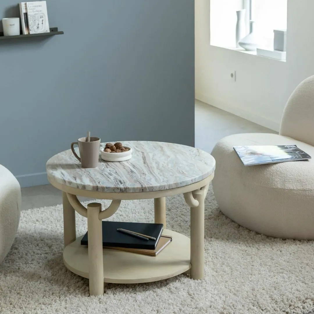 Table Basse<Made in Meubles Table basse ronde en bois de manguier et marbre Isabella