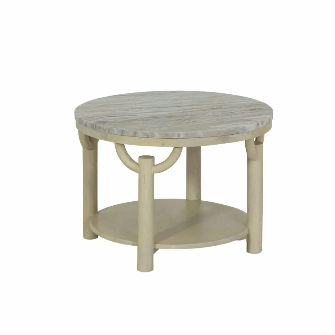Table Basse<Made in Meubles Table basse ronde en bois de manguier et marbre Isabella