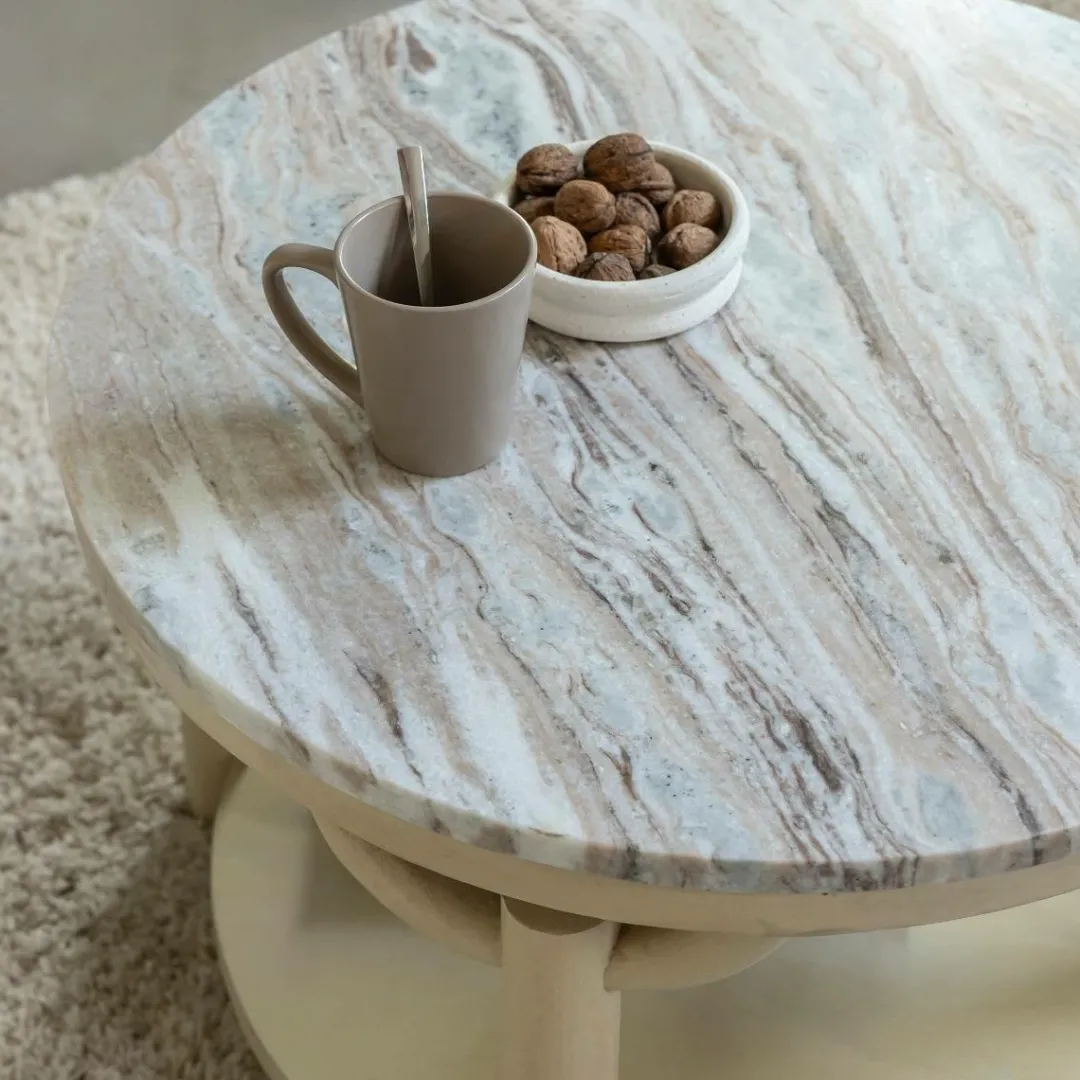 Table Basse<Made in Meubles Table basse ronde en bois de manguier et marbre Isabella