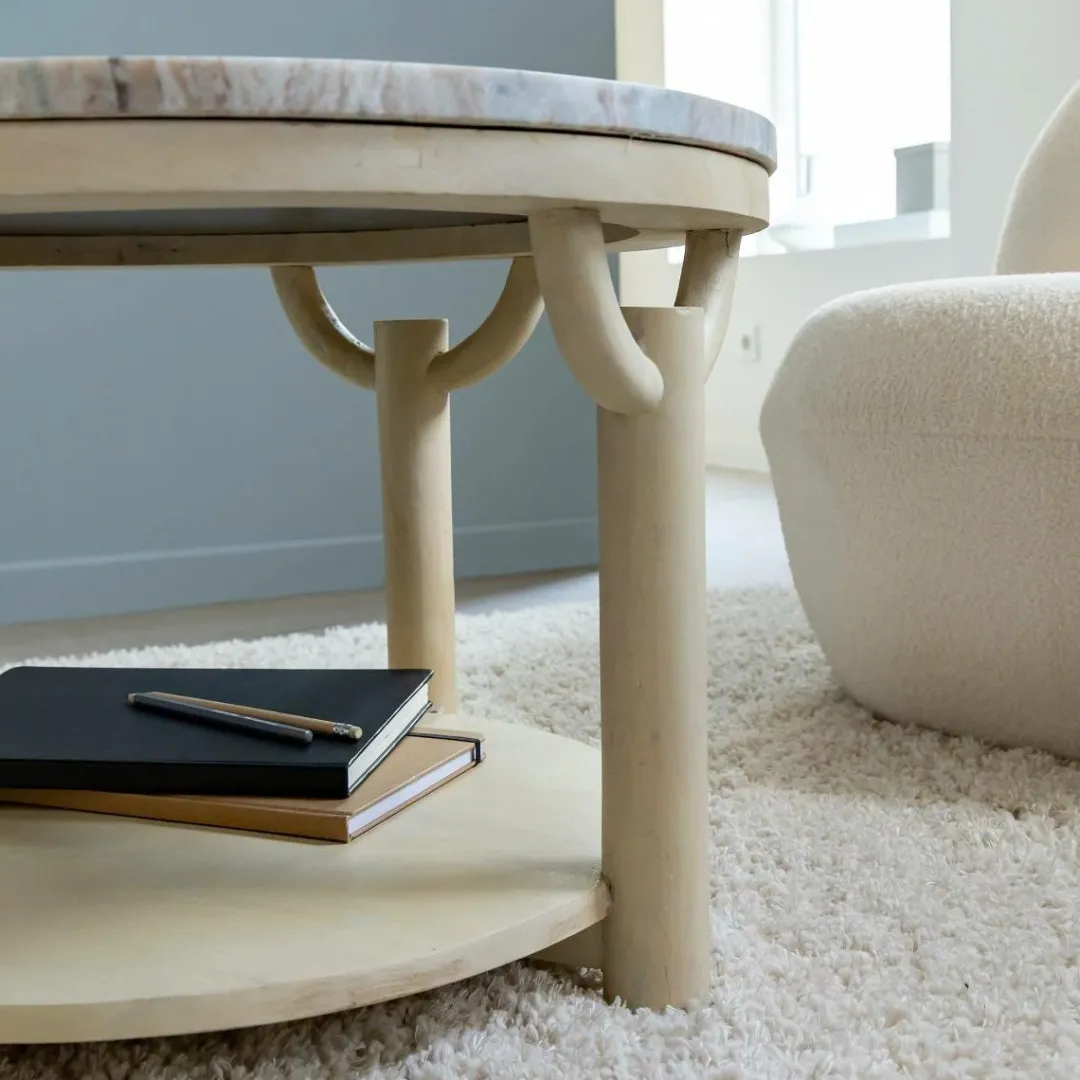 Table Basse<Made in Meubles Table basse ronde en bois de manguier et marbre Isabella