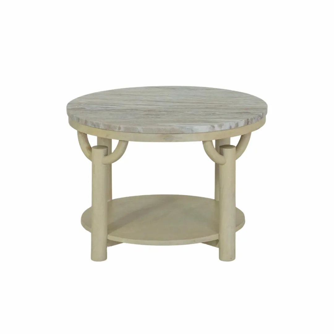 Table Basse<Made in Meubles Table basse ronde en bois de manguier et marbre Isabella