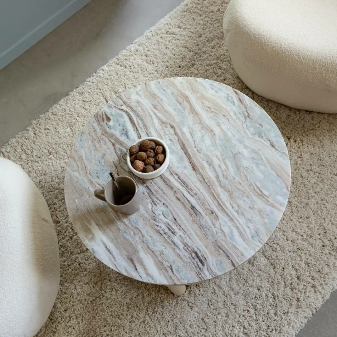 Table Basse<Made in Meubles Table basse ronde en bois de manguier et marbre Isabella