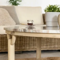 Table Basse<Made in Meubles Table basse ronde en bois de manguier et marbre Isabella