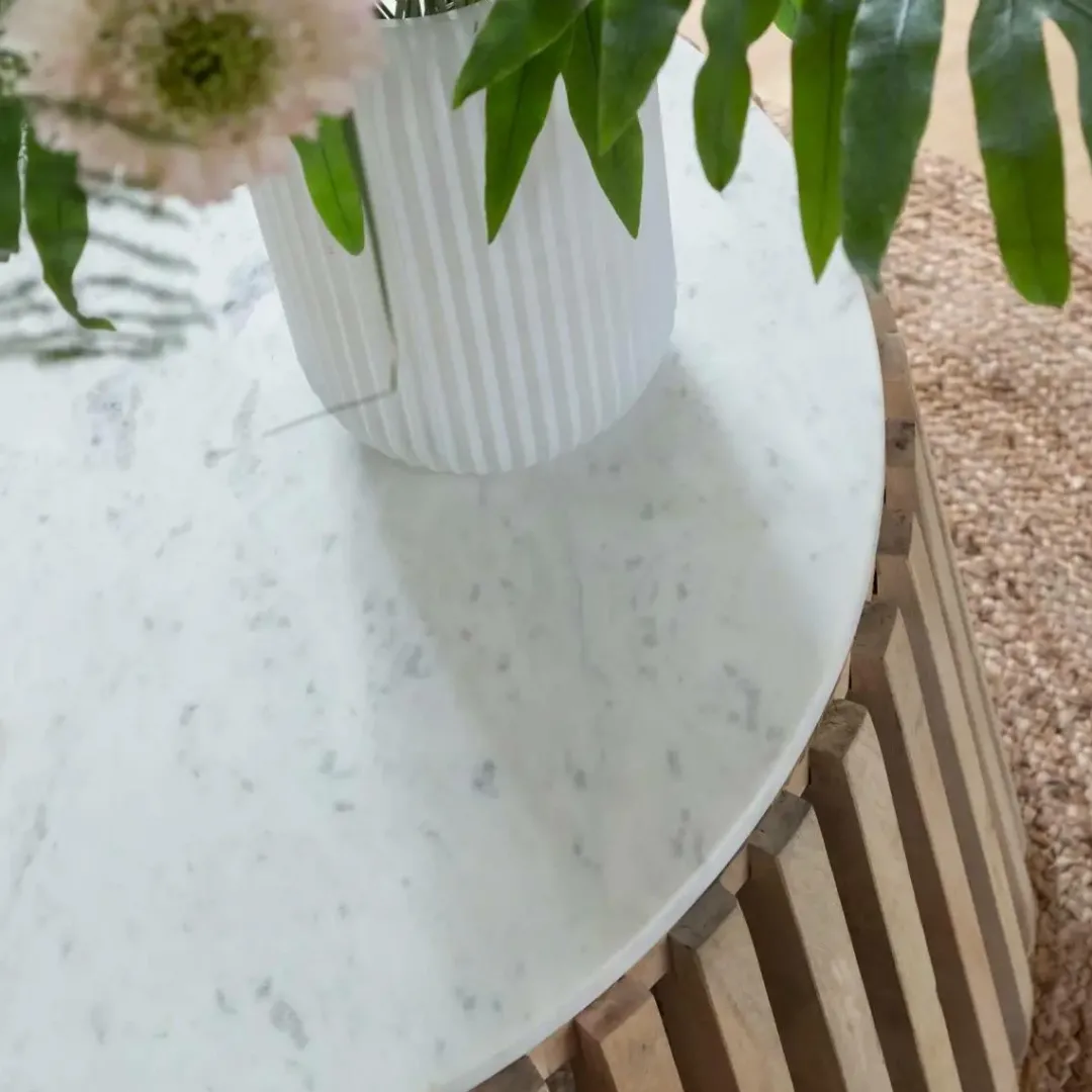 Table Basse<Made in Meubles Table basse ronde en bois de manguier et marbre blanc Moana