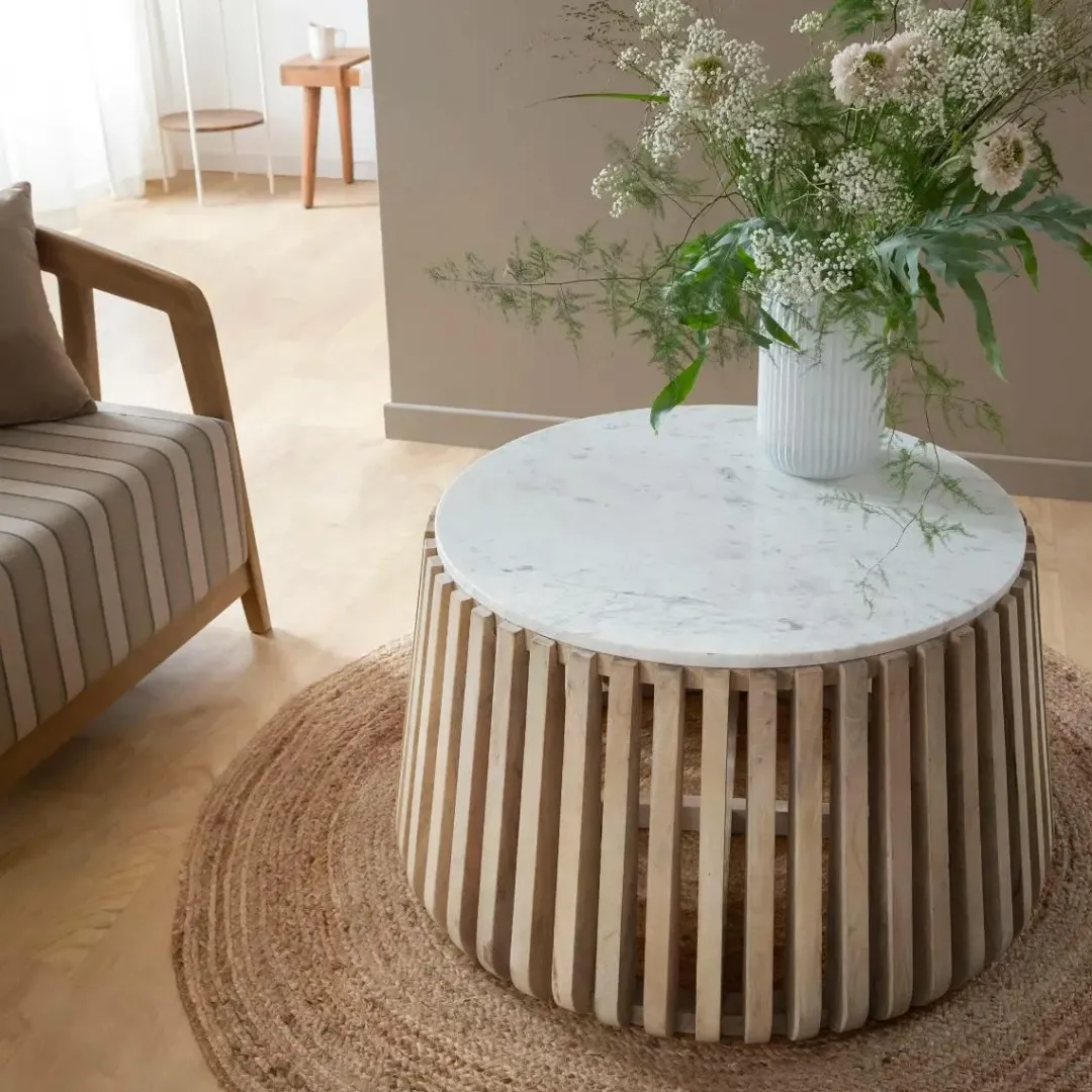 Table Basse<Made in Meubles Table basse ronde en bois de manguier et marbre blanc Moana