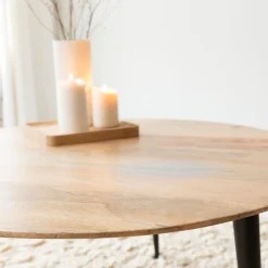 Table Basse<Made in Meubles Table basse ronde en bois de manguier et métal Aimée