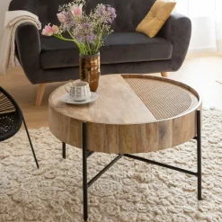 Table Basse<Made in Meubles Table basse ronde en bois et en cannage Lucie