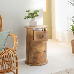 Chevet<Made in Meubles Table de chevet ronde en bois de manguier avec porte Maëva