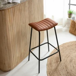 Tabouret De Bar<Made in Meubles Tabouret de bar en cuir marron et métal Alexandre (lot de 2)